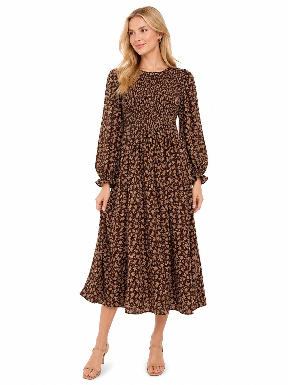 Blu Pepper Size Large Smocked Floral Midi Dress in Brown